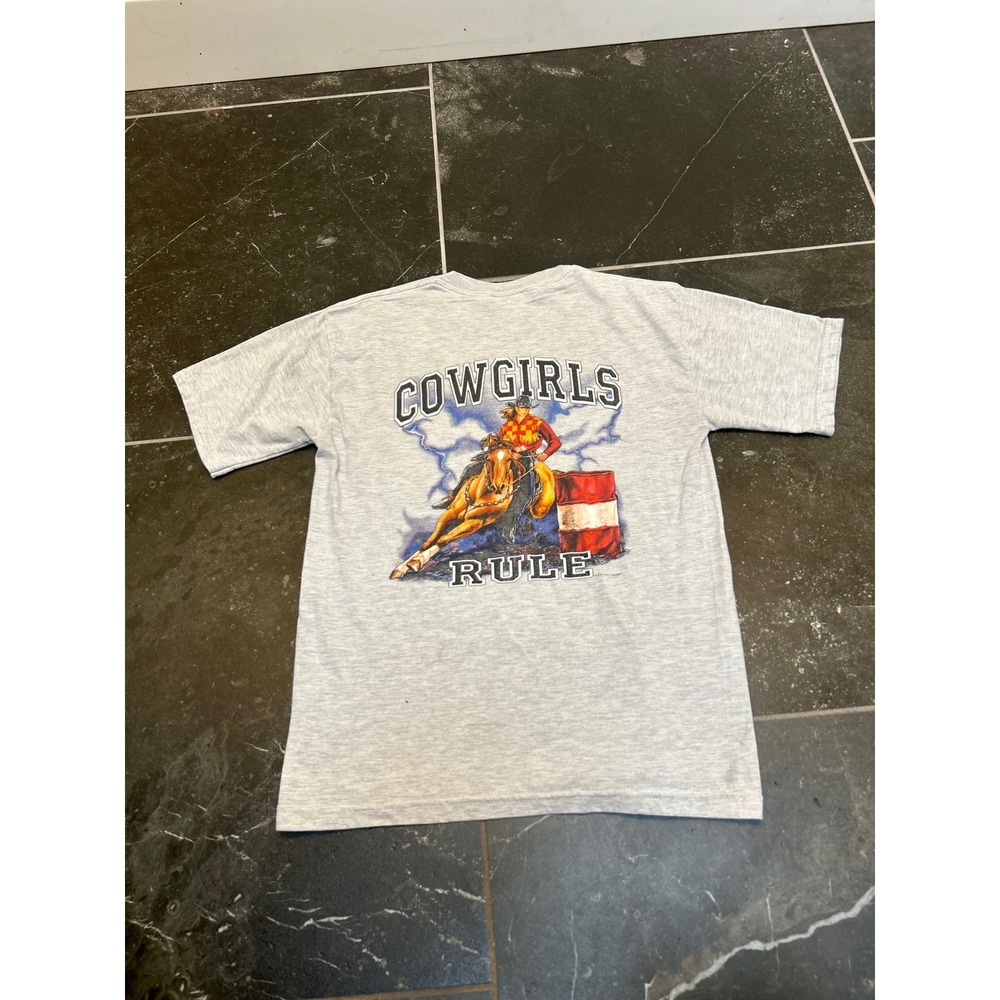 Vintage Jerzees Cowgirls Rule Barrel Racing T-Shirt Heather Gray Mens Large